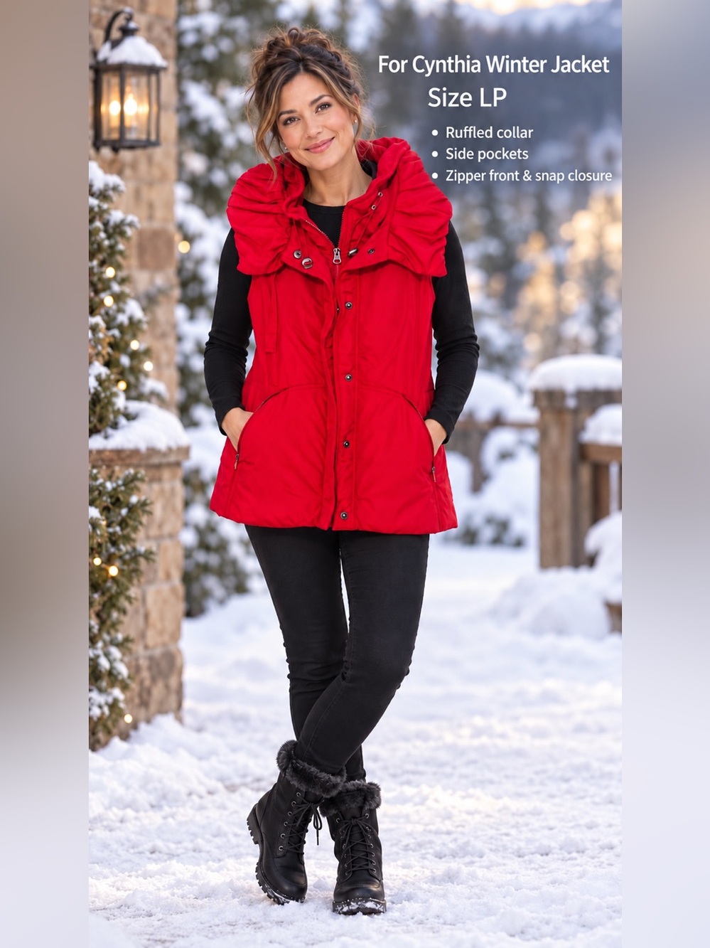 For Cynthia Red Ruffled Collar Puffer Vest